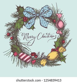 Vector composition with colored candies, holly, bow, rowan, lettering, pine branch, spruce, redwood