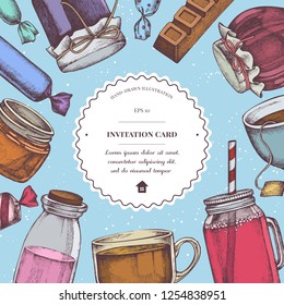 Vector composition with colored candies, jars, tea cup, bar