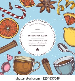 Vector composition with colored cinnamon, lollipop, candies, lemons, oranges, teaspoon, tea cup