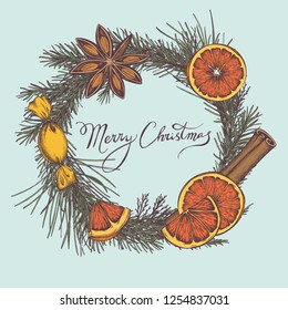 Vector composition with colored cinnamon, oranges, lettering, pine branch, spruce, redwood