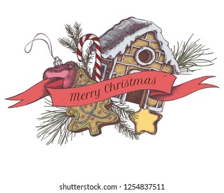 Vector composition with colored decorations, lollipop, gingerbread, gingerbread house, pine branch, spruce