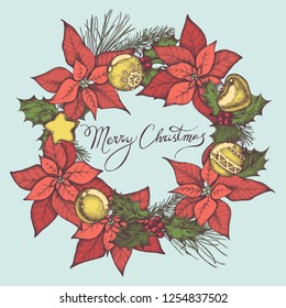 Vector composition with colored decorations, poinsettia, holly, lettering, pine branch, spruce