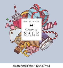 Vector composition with colored gift boxes, gingerbread, lollipop, candies, lemons, oranges, cupcakes, jars
