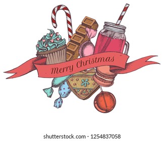Vector composition with colored gingerbread, lollipop, candies, bar, cupcakes, macaron, jars