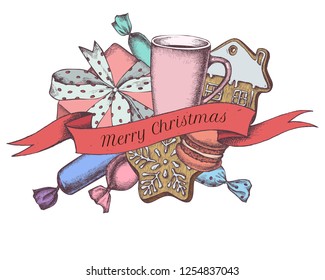 Vector composition with colored gingerbread, macaron, candies, tea cup, toy horse