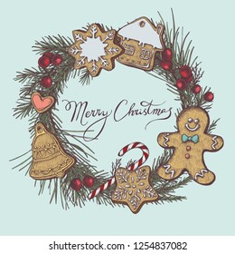 Vector composition with colored gingerbread men, gingerbread, lollipop, rowan, lettering, pine branch, spruce, redwood