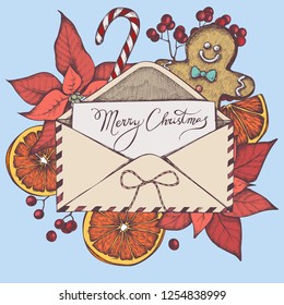 Vector composition with colored letters, gingerbread men, lollipop, bow, oranges, rowan, lettering, poinsettia