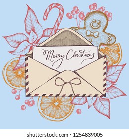 Vector composition with colored letters, gingerbread men, lollipop, bow, oranges, rowan, lettering, poinsettia