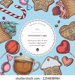 Vector composition with colored lollipop, candies, gingerbread, tea cup, cupcakes