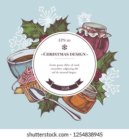 Vector composition with colored snowflakes, cupcakes, teaspoon, holly, jars, tea cup