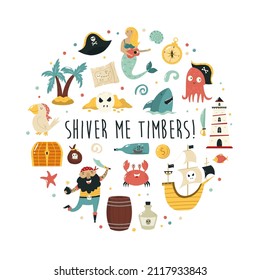 Vector composition with colorful pirate characters and symbols of piracy. Cartoon design for posters, prints, invitations
