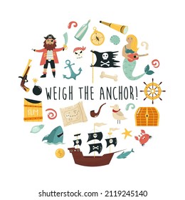 Vector composition with colorful pirate characters and symbols of piracy. Cartoon design for posters, prints, invitations