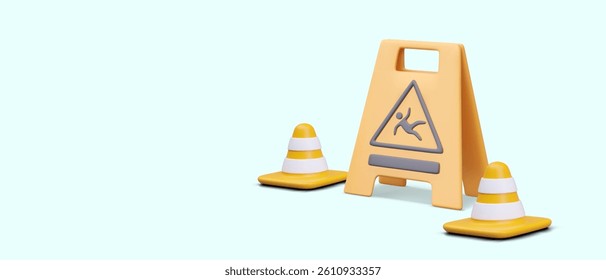 Vector composition, concept of wet floor marking. Signal cones, warning sign. Be careful, slippery surface. Advertising of professional business clinics