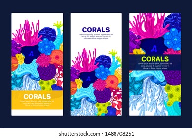 Vector composition of corals. Background with colorful sea or ocean life. Template for cover, invitation, banner, brochure, flyer, label, header. Advertising of water park, aquarium, marine exhibition