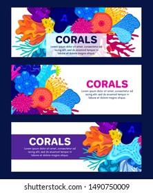 Vector composition of corals. Background with colorful sea or ocean life. Template for cover, invitation, banner, brochure, flyer, label, header. Advertising of water park, aquarium, marine exhibition