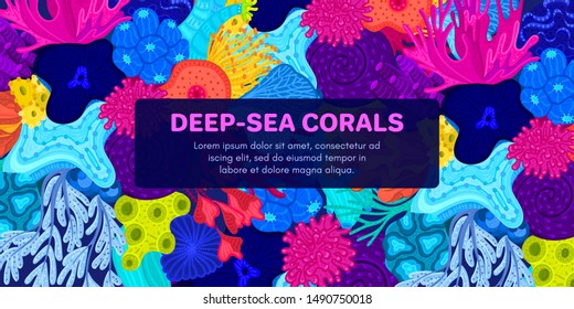 Vector Composition Of Corals. Background With Colorful Sea Or Ocean Life. Template For Cover, Invitation, Banner, Brochure, Flyer, Label, Header. Advertising Of Water Park, Aquarium, Marine Exhibition