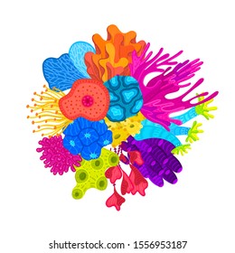 Vector composition of corals. Colorful sea or ocean life. Print on clothes, phone case, poster, cover, package, postcard, brochure, flyer for water park, aquarium or marine exhibition. Sticker, label
