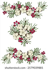 Vector Composition of cotton flowers, Christmas tree and berries on a white background.