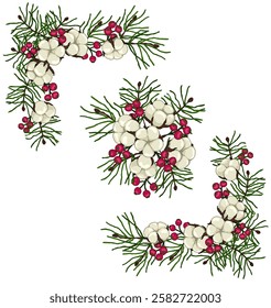 Vector Composition of cotton flowers, Christmas tree and berries on a white background.