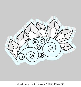 Composición vectorial de cristales o piedras preciosas y una rama estilizada. Cuartz, minerales y diamantes. Ilustración de Doodle dibujada a mano para el diseño