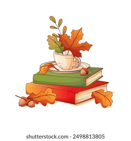 Composición de Vector de una taza en libros con hojas de otoño que caen. Ilustración de pila de libros. Hojas de otoño.  Librería, hogar acogedor, concepto de otoño cálido.