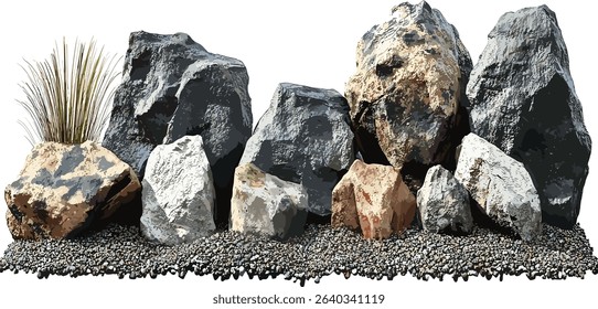 Vector composition of cut out rock stones, transparent background, isolated rock texture, landscape design, stone patterns, nature stones, environmental textures, rock elements