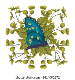 Vector composition with cute 3d insect. Illustration with garden beetles butterflies. Natire card.