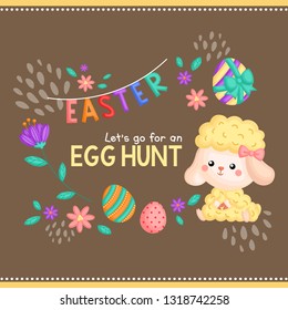 A Vector Composition of Cute Sheep with Easter Flag Bunting and Spring Flowers for Easter Card