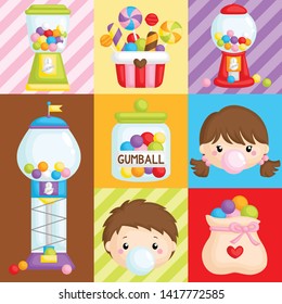 A Vector Composition  of Cute Various Bubblegum Machine and Kids