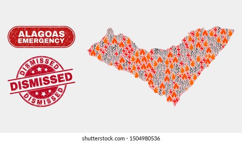Vector composition of danger Alagoas State map and red rounded grunge Dismissed seal stamp. Emergency Alagoas State map mosaic of wildfire, electric shock elements.