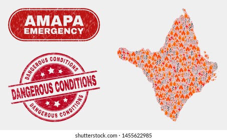 Vector composition of danger Amapa state map and red rounded grunge Dangerous Conditions seal stamp. Emergency Amapa state map mosaic of wildfire, power shock elements.
