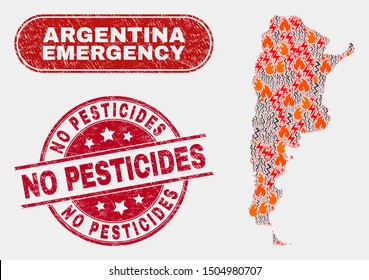 Vector composition of danger Argentina map and red rounded textured No Pesticides seal. Emergency Argentina map mosaic of fire, energy flash elements. Vector composition for emergency services,