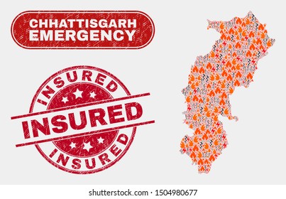 Vector composition of danger Chhattisgarh State map and red round scratched Insured seal stamp. Emergency Chhattisgarh State map mosaic of flame, electric hazard symbols.