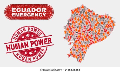 Vector composition of danger Ecuador map and red rounded distress Human Power seal stamp. Emergency Ecuador map mosaic of flame, power hazard items. Vector composition for emergency services,