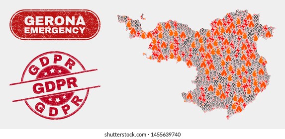 Vector composition of danger Gerona Province map and red round textured Gdpr stamp. Emergency Gerona Province map mosaic of wildfire, electric strike elements.