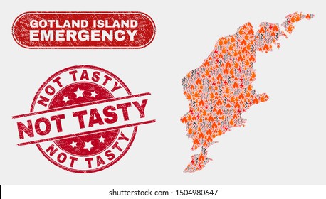 Vector composition of danger Gotland Island map and red rounded grunge Not Tasty stamp. Emergency Gotland Island map mosaic of wildfire, power shock items. Vector composition for emergency services,