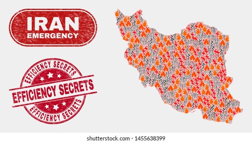 Vector composition of danger Iran map and red round textured Efficiency Secrets seal stamp. Emergency Iran map mosaic of wildfire, power lightning items. Vector collage for guard services,