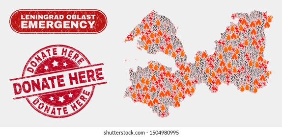 Vector composition of danger Leningrad Region map and red round grunge Donate Here seal. Emergency Leningrad Region map mosaic of destruction, electric shock icons.