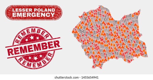 Vector composition of danger Lesser Poland Voivodeship map and red rounded textured Remember seal. Emergency Lesser Poland Voivodeship map mosaic of fire, energy flash elements.