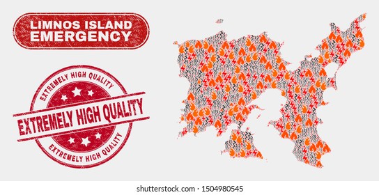 Vector composition of danger Limnos Island map and red round distress Extremely High Quality seal stamp. Emergency Limnos Island map mosaic of burning, power shock items.