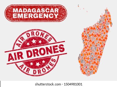 Vector composition of danger Madagascar Island map and red round distress Air Drones seal stamp. Emergency Madagascar Island map mosaic of flame, electric hazard symbols.