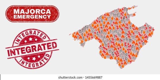 Vector composition of danger Majorca map and red rounded distress Integrated seal. Emergency Majorca map mosaic of burning, power strike icons. Vector composition for emergency services,