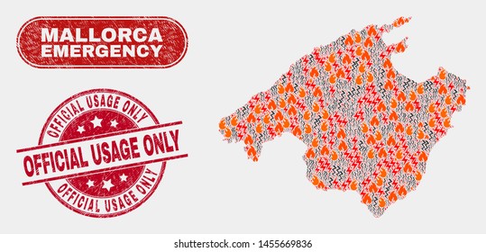 Vector composition of danger Mallorca map and red round distress Official Usage Only seal stamp. Emergency Mallorca map mosaic of fire, power flash elements. Vector composition for insurance services,