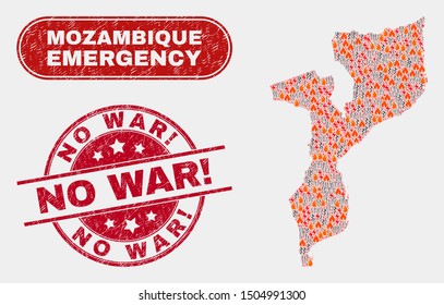 Vector composition of danger Mozambique map and red rounded scratched No War! seal. Emergency Mozambique map mosaic of wildfire, electric lightning symbols. Vector composition for emergency services,