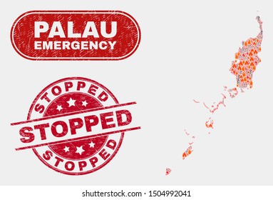 Vector composition of danger Palau map and red round distress Stopped seal stamp. Emergency Palau map mosaic of wildfire, energy strike symbols. Vector composition for insurance services,