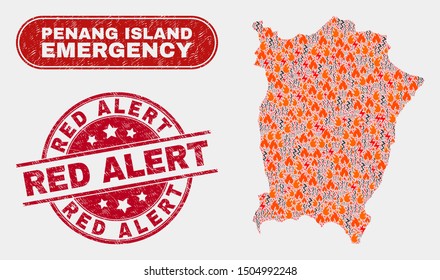 Vector composition of danger Penang Island map and red rounded scratched Red Alert seal stamp. Emergency Penang Island map mosaic of flame, electric lightning items.