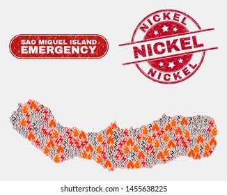 Vector composition of danger Sao Miguel Island map and red round grunge Nickel watermark. Emergency Sao Miguel Island map mosaic of fire, energy shock symbols. Vector composition for safety services,