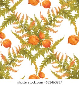 Vector composition of decorative flowers and fern. Seamless background pattern