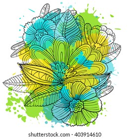 Vector composition with decorative flowers and leaves in doodle line art style