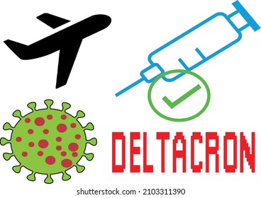 Vector composition, deltacron covid-19 variant , aircraft and vaccine. Anti-coronavirus travel precautions concept